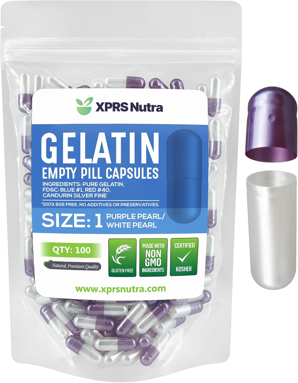 XPRS Nutra Size 1 Empty Gelatine Capsules - 500 Count - Pearl Purple and White - görsel 10