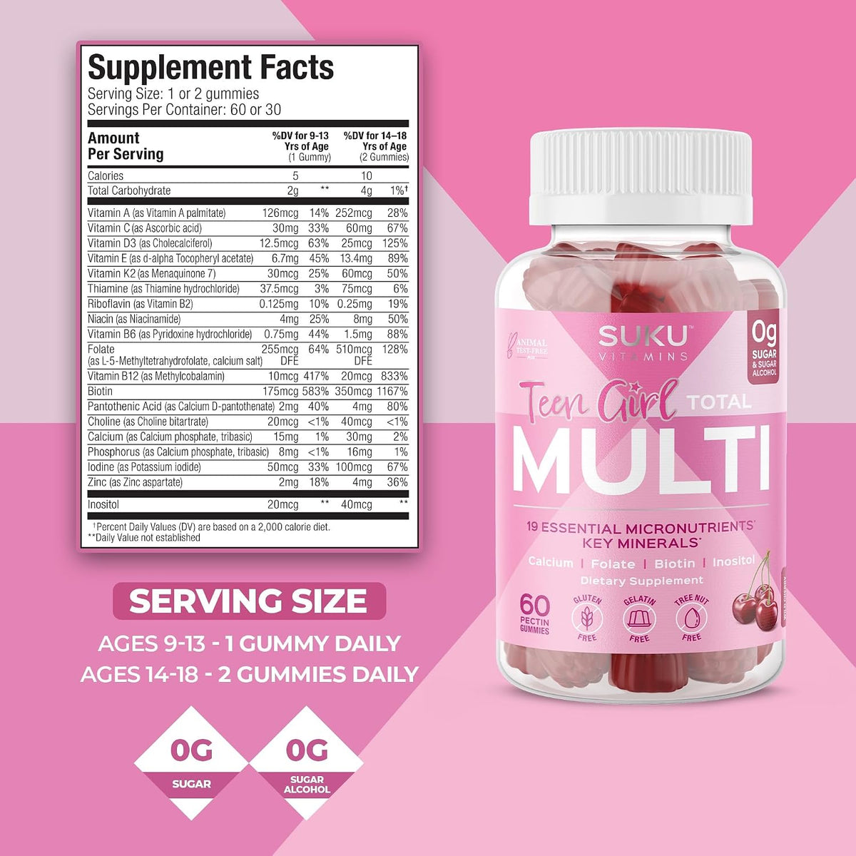SUKU Teen Girl Multivitamin Gummies – Vitamins A, B12, C, D3, E, Biotin & Zinc – Sugar-Free Vegetarian – Cherry – 60 Gummies - görsel 4