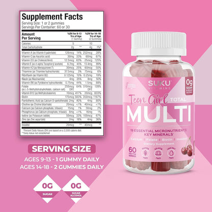 SUKU Teen Girl Multivitamin Gummies – Vitamins A, B12, C, D3, E, Biotin & Zinc – Sugar-Free Vegetarian – Cherry – 60 Gummies