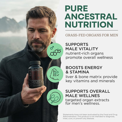 Wild Grass-Fed Beef Organ Supplement for Men - Complete Ancestral Nutrition Complex with Beef Liver, Testicle, Prostate & Bone Matrix - Organ Meat Supplements - 30 Day Programme