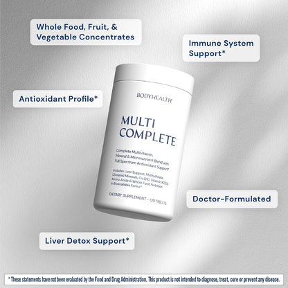 BodyHealth Multi Complete (120 Count) Daily Multivitamin for Men and Women with Whole Foods, Minerals, Antioxidants, Organic Green Food Concentrates, and Liver Detox Extracts, Non-GMO
