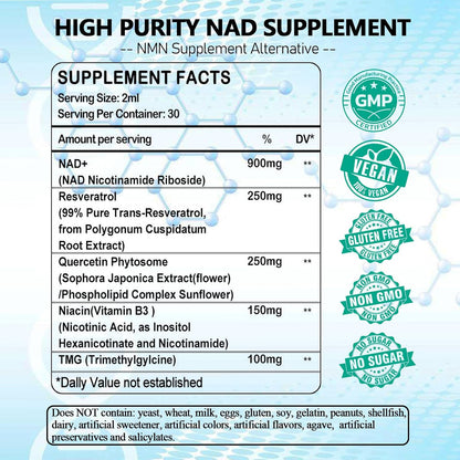 NAD+ Supplement with Liposomal Nicotinamide Riboside 900mg, Resveratrol, Quercetin, TMG & Vitamin B3 – Organic Liquid Formula for Cellular Health and Vitality
