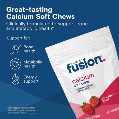 Bariatric Fusion Bariatric Calcium Supplement Chews | Calcium Citrate with Vitamin D3 Bariatric Vitamin | Sugar-Free Chewable | 500mg | Strawberry | 60 Chews