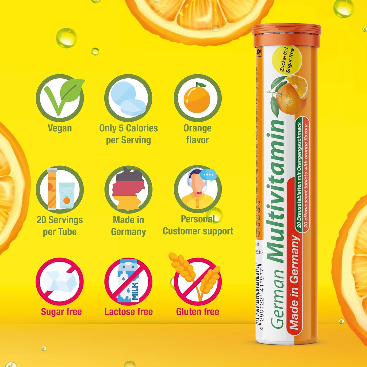 T&D German Multivitamin 10 Vitamins - 40 Vegan Drink Effervescent Tablets - Orange Flavour - Made in Germany - görsel 5