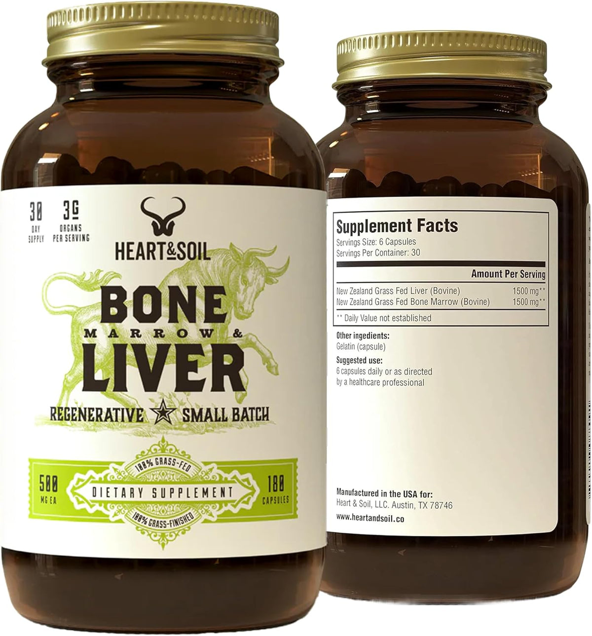 Heart & Soil 100% Grass Fed Bone Marrow & Beef Liver Supplement – 180 Capsules - görsel 1