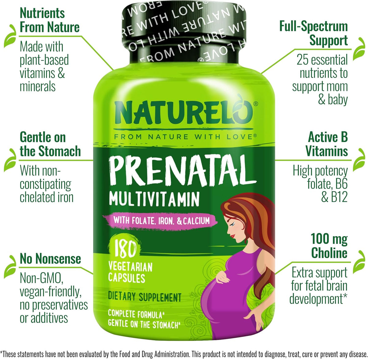 NATURELO Prenatal Multivitamin with Gentle Chelated Iron, Methylfolate, Plant Calcium and Choline - 180 Capsules - görsel 2
