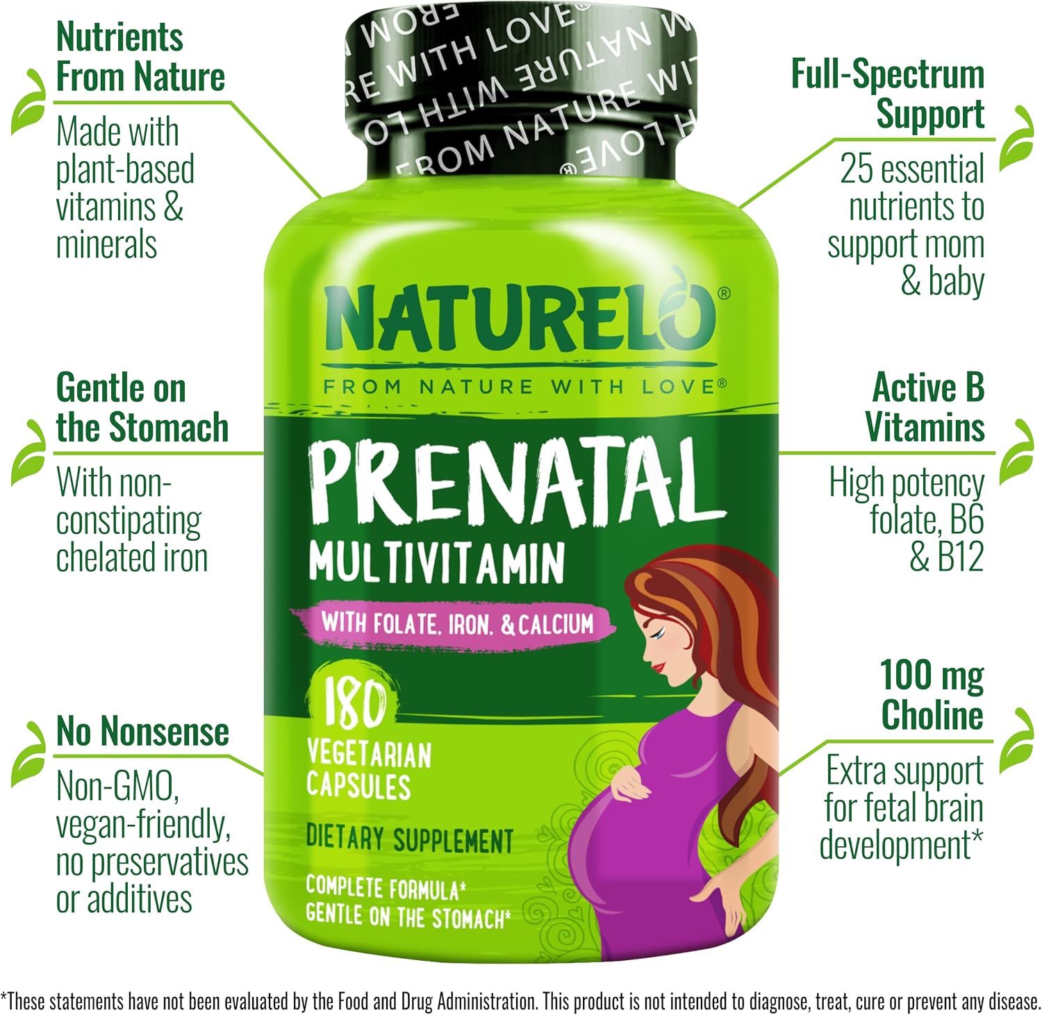 NATURELO Prenatal Multivitamin with Gentle Chelated Iron, Methylfolate, Plant Calcium and Choline - 180 Capsules - görsel 2