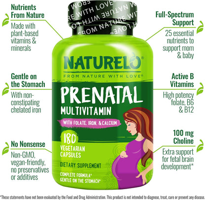 NATURELO Prenatal Multivitamin with Gentle Chelated Iron, Methylfolate, Plant Calcium and Choline - 180 Capsules
