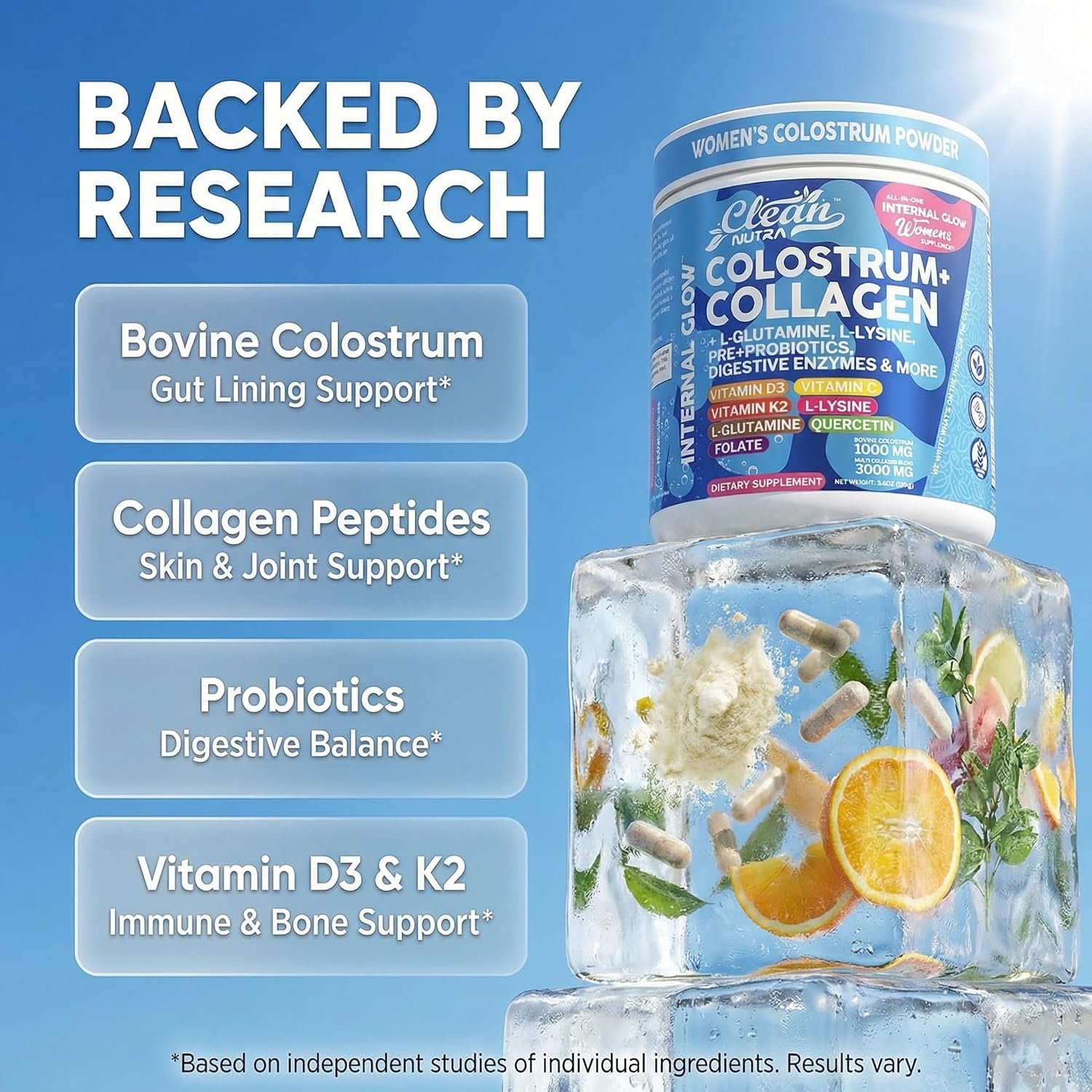 Bovine Colostrum Powder + Collagen Peptides with L-Glutamine, L-Lysine, Prebiotics, Probiotics, Digestive Enzymes, Vitamin D K2 C, Quercetin & Folate – Gut Health Supplement, Internal Glow by Clean Nutra - görsel 3
