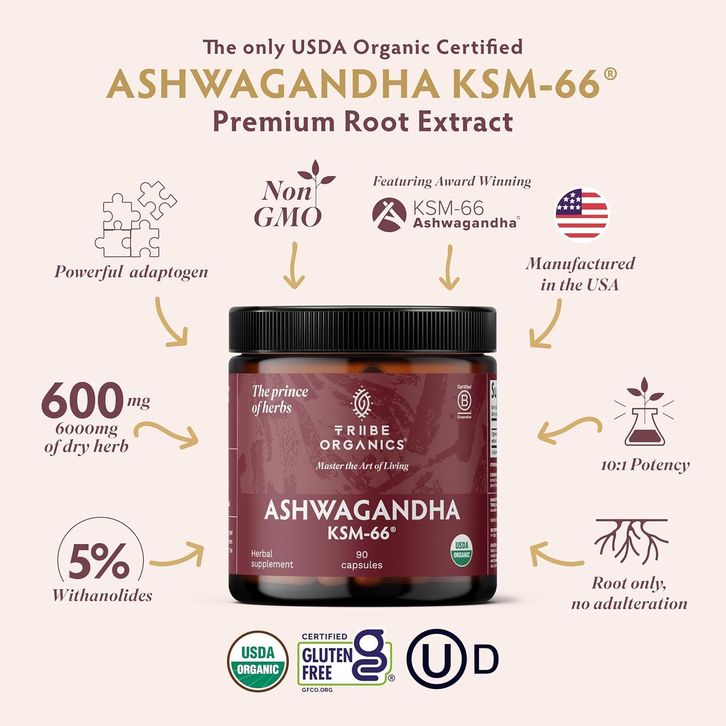 TRIBE ORGANICS Ashwagandha KSM-66 – Pure Organic Root Powder Extract – 90 Capsules - görsel 2