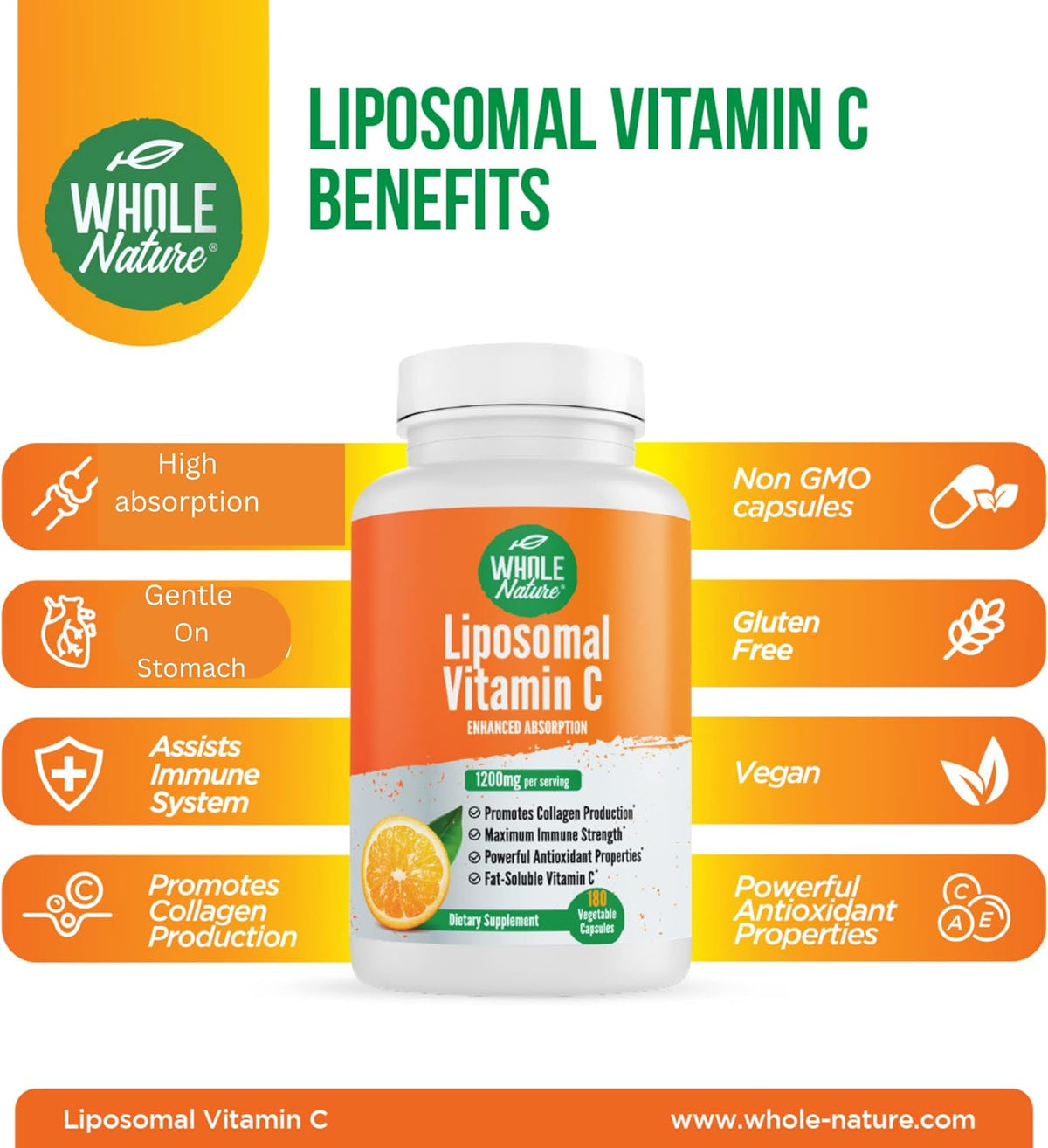 Whole Nature Liposomal Vitamin C 1200mg - High Absorption Vegan Capsules with Sunflower Lecithin - 180 Capsules - görsel 3