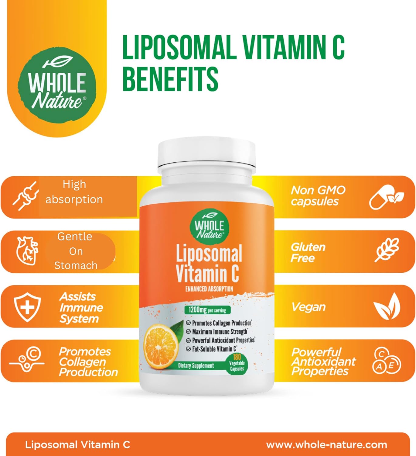 Whole Nature Liposomal Vitamin C 1200mg - High Absorption Vegan Capsules with Sunflower Lecithin - 180 Capsules - görsel 3