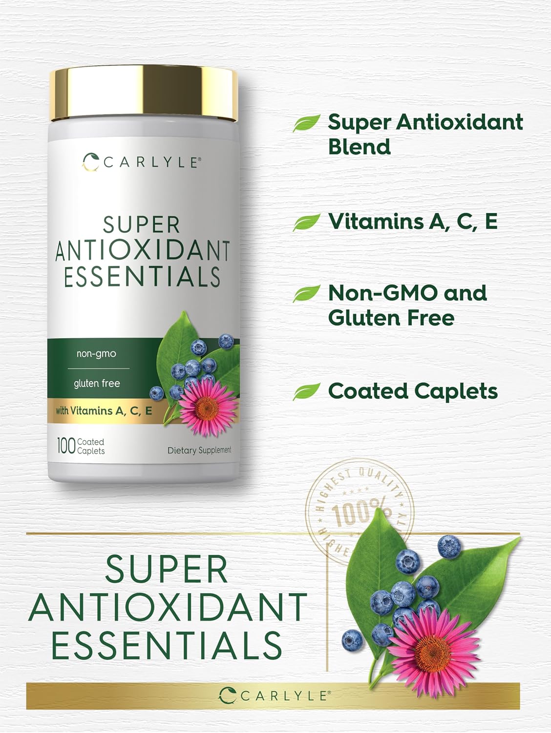 Carlyle Antioxidants Supplement | 100 Caplets | Nutritional Complex | Vitamins A, C & E | Non-GMO, Gluten-free Formula - görsel 4