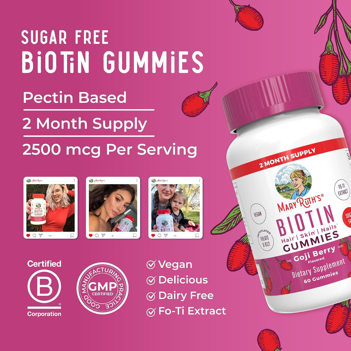 MARYRUTH'S Organics Biotin Gummies – Sugar Free, Vegan, 2500mcg for Hair, Skin & Nails – 60 Count - görsel 8