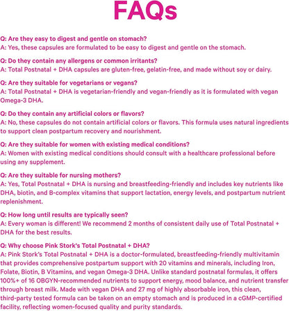 Pink Stork Total Postnatal Vitamins for Women | Vegan Algae DHA, Methylated Folate, Iron, B12 | Postpartum Recovery + Lactation Support | Clean Labelled Award Winner | 60 Capsules, Mint