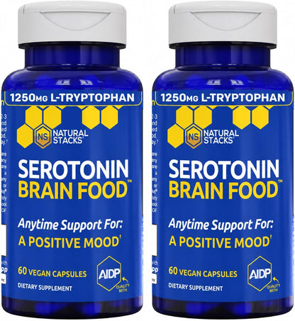 Serotonin Brain Food - 1250mg L-Tryptophan & 400mg Rhodiola Rosea Food Supplement - Mood Support with Magnesium Glycinate & Zinc - 60 Capsules