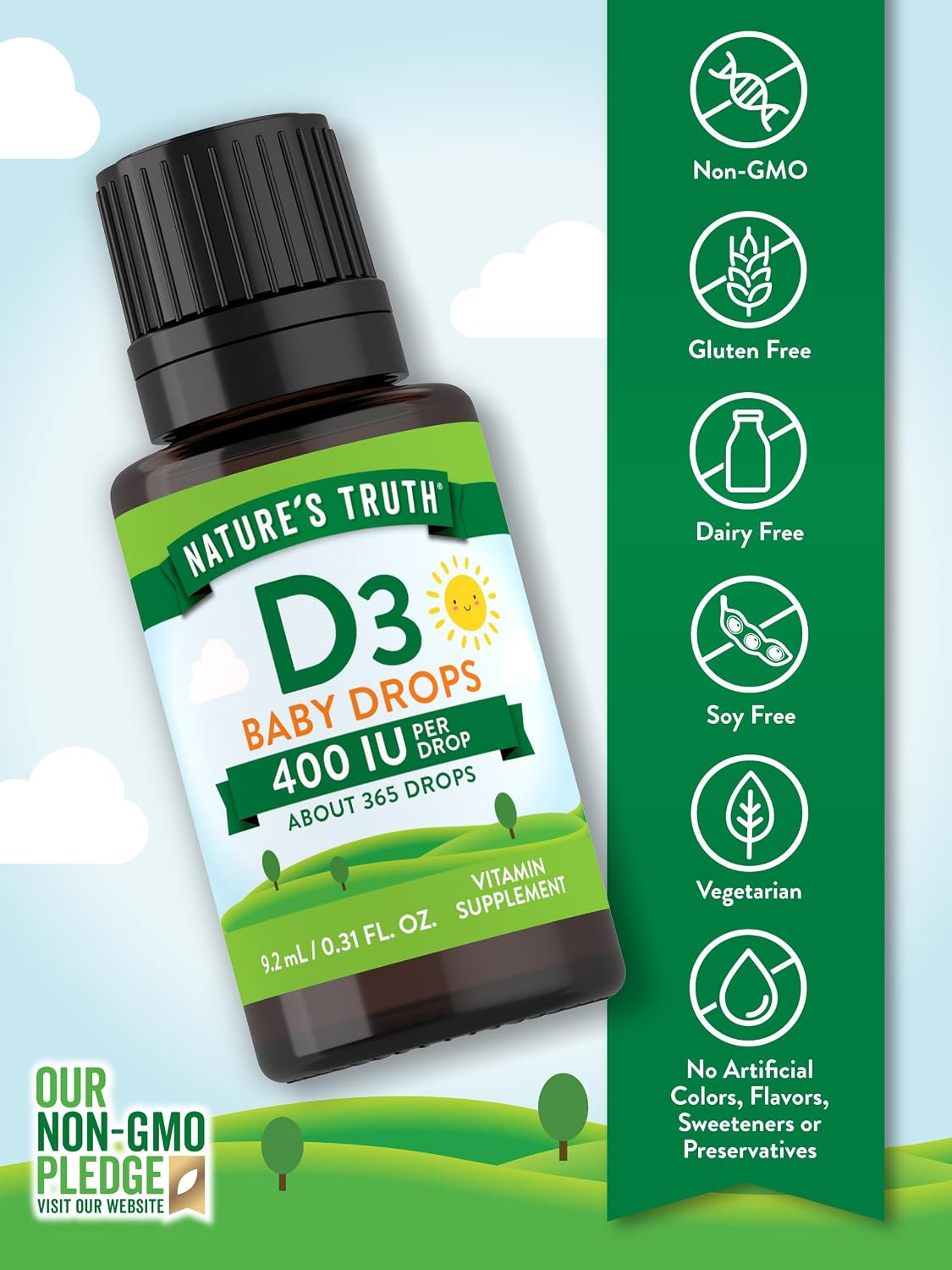 Nature's Truth Vitamin D Drops for Infants | 400 IU | 9.2 mL | D3 for Children | Vegetarian, Non-GMO & Gluten-free - görsel 3