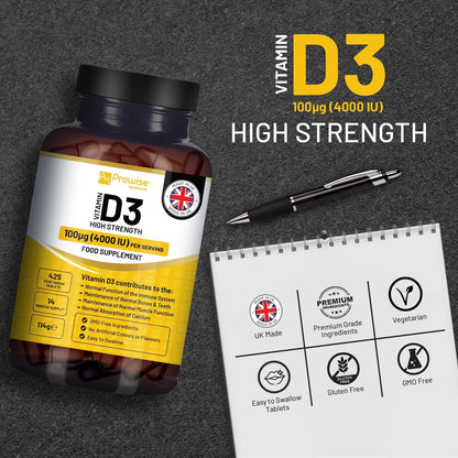Vitamin D3 4000 IU High Strength - 425 Vegetarian Tablets (14-Month Supply) - Immune & Bone Support