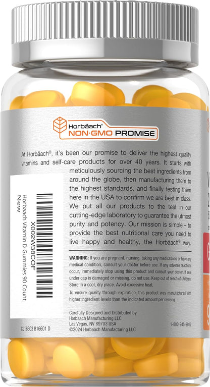 Horbäach Vitamin D3 2000 IU Gummies - Vegetarian, Pineapple Flavour, 90 Count