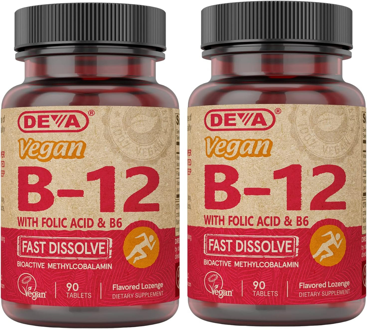 DEVA Vegan Vitamin B12 Fast Dissolve Supplement - Once-Per-Day Complex with 1000 mcg Methylcobalamin B12, Folic Acid, B6 - Lemon Flavour - 90 Dissolvable Tablets, 2-Pack - görsel 1