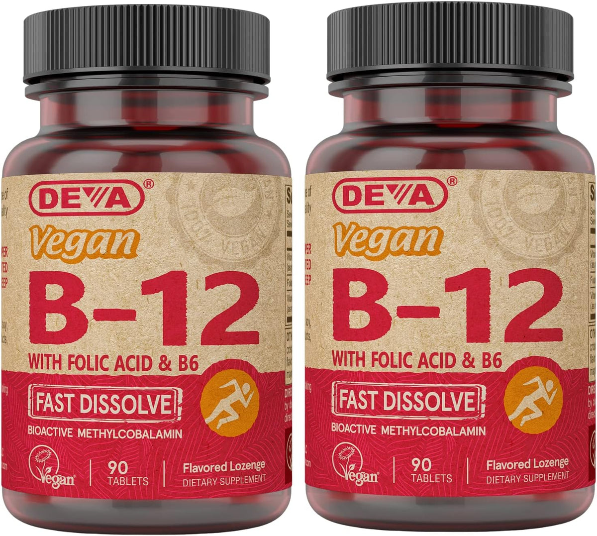 DEVA Vegan Vitamin B12 Fast Dissolve Supplement - Once-Per-Day Complex with 1000 mcg Methylcobalamin B12, Folic Acid, B6 - Lemon Flavour - 90 Dissolvable Tablets, 2-Pack - görsel 1