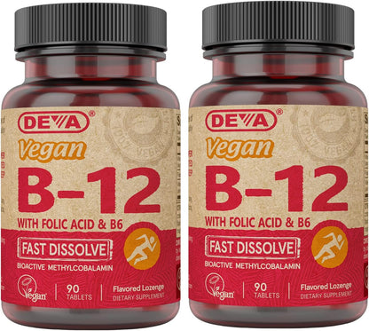 DEVA Vegan Vitamin B12 Fast Dissolve Supplement - Once-Per-Day Complex with 1000 mcg Methylcobalamin B12, Folic Acid, B6 - Lemon Flavour - 90 Dissolvable Tablets, 2-Pack