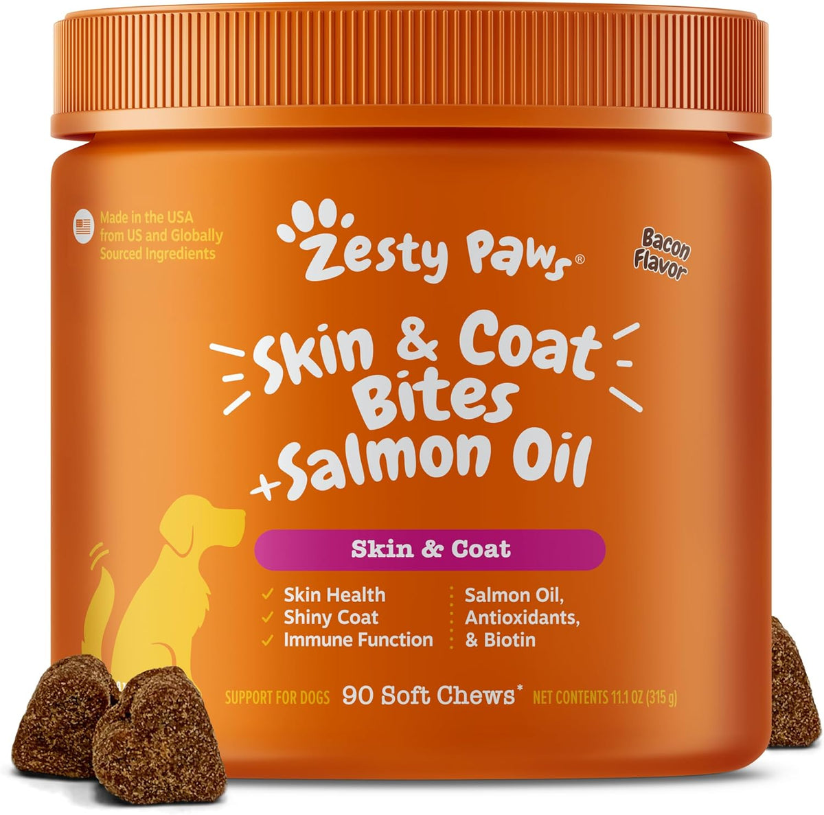 Zesty Paws Salmon Oil for Dogs Skin and Coat, Omega 3 Fish Oil Chews, 90 Count, Bacon Flavour - görsel 1