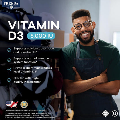 FREEDA Vitamin D3 5000 IU – Pure High Strength Kosher Supplement Tablets – For Bone and Muscle Health, Calcium Absorption, Immune Function – 250 Tablets