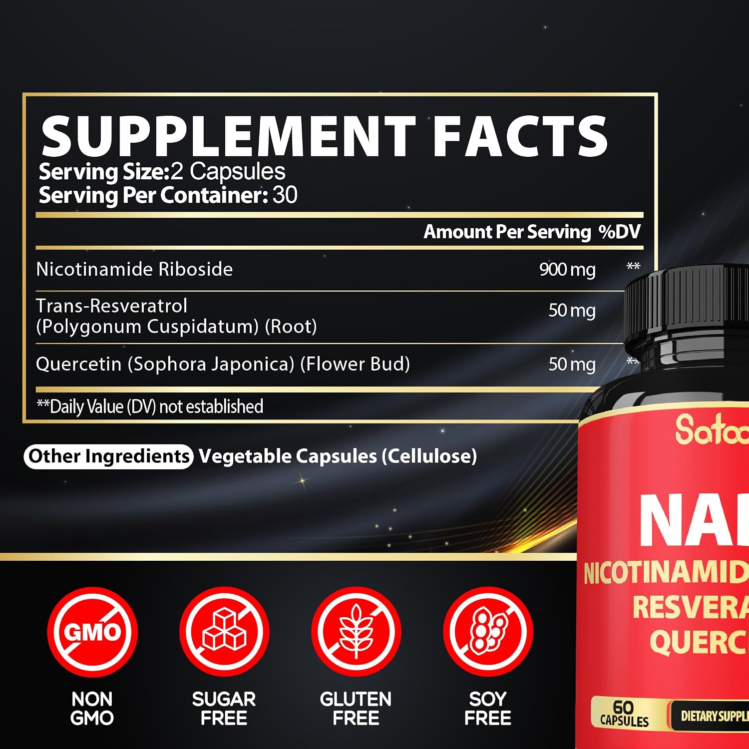 Satoomi NAD Supplement with Nicotinamide Riboside (NR), Resveratrol, and Quercetin - 60 Capsules (30-Day Supply) - görsel 2