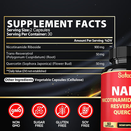 Satoomi NAD Supplement with Nicotinamide Riboside (NR), Resveratrol, and Quercetin - 60 Capsules (30-Day Supply)