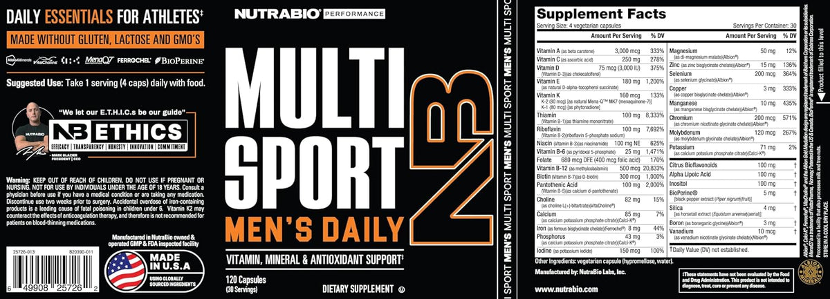NutraBio MultiSport for Men – Men's Multivitamin with 33 Vitamins, Minerals & Antioxidants (120 Vegetable Capsules) - görsel 3