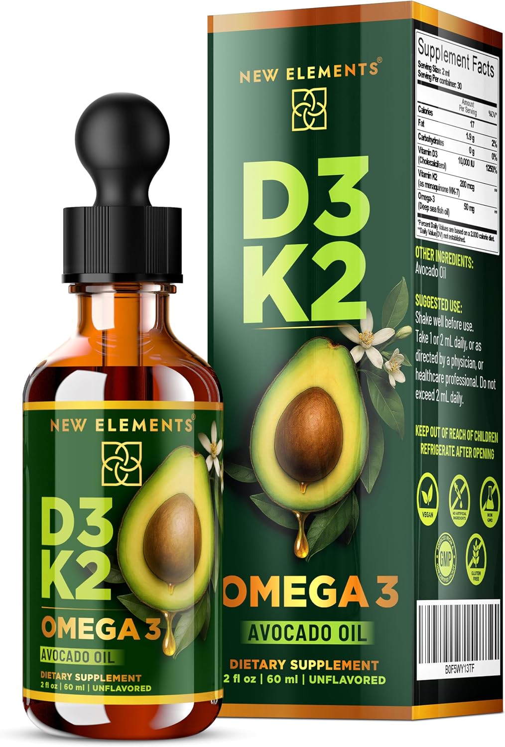 New Elements Liquid Vitamin D3 + K2 Drops, 10,000 IU with Omega-3 – Avocado Oil Base, Non-GMO – 60 ml - görsel 1