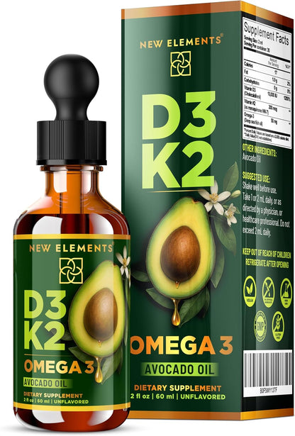 New Elements Liquid Vitamin D3 + K2 Drops, 10,000 IU with Omega-3 – Avocado Oil Base, Non-GMO – 60 ml