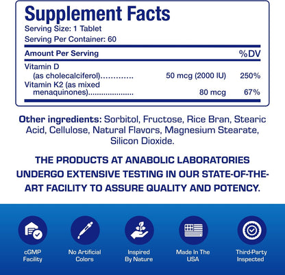 Chewable Vitamin D3 & K2 Supplement – 2000IU D3 with 80mcg K2 MK-7 for Bone, Dental, Mood & Immune Support – Vegetarian, Cinnamon Flavour (60-Day Supply)