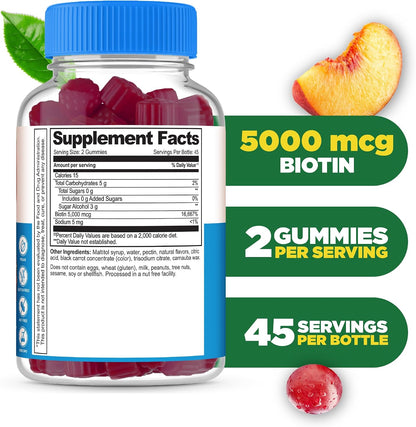 Lifeable Sugar-Free Biotin Gummies - 5000µg Vitamin B7 for Hair, Skin & Nail Health - 90 Gummies