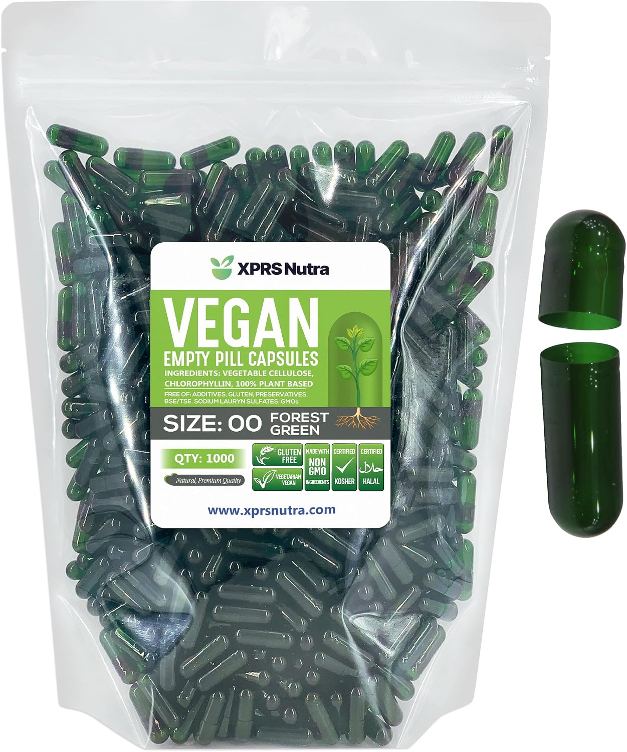 XPRS Nutra Size 00 Empty Vegan Capsules – 1000 Count (Forest Green) - görsel 1