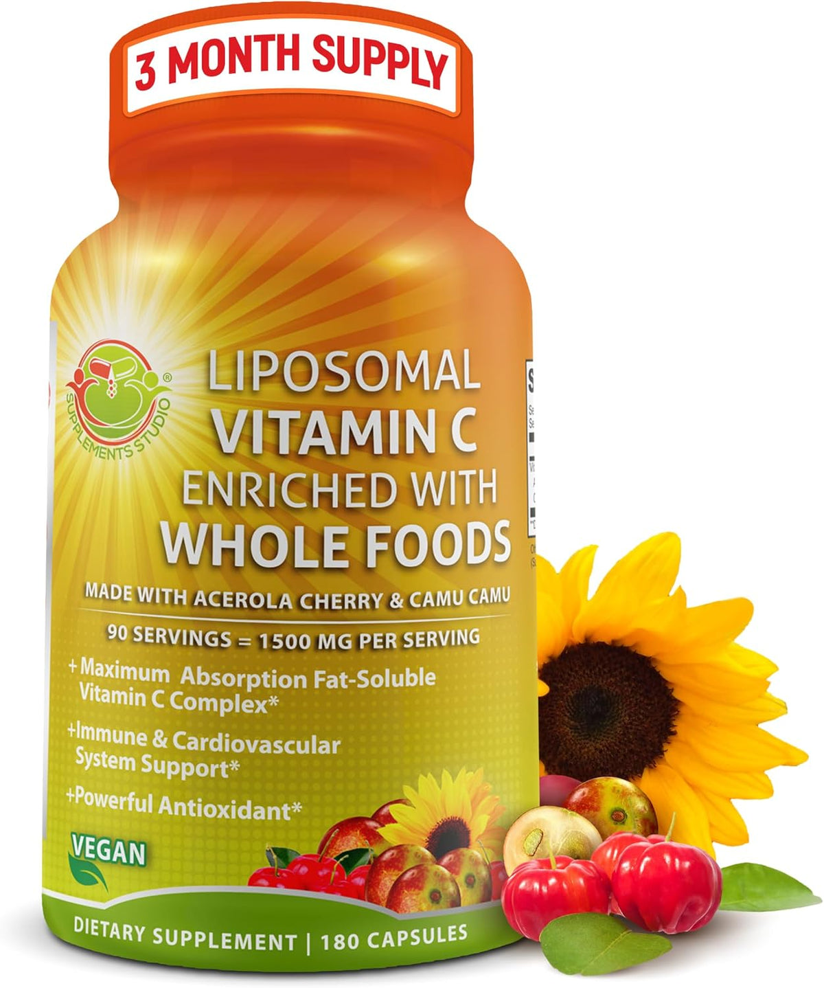 SUPPLEMENTS STUDIO Liposomal Vitamin C Capsules – 1500mg with Organic Acerola & Camu Camu – 180 Capsules – Image 1