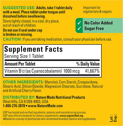 Nature Made Vitamin B12 1000 mcg, Easy to Take Vitamin B12 Sublingual Tablets for Energy Metabolism Support, 50 Sugar Free Fast Dissolve Tablets, 50 Day Supply