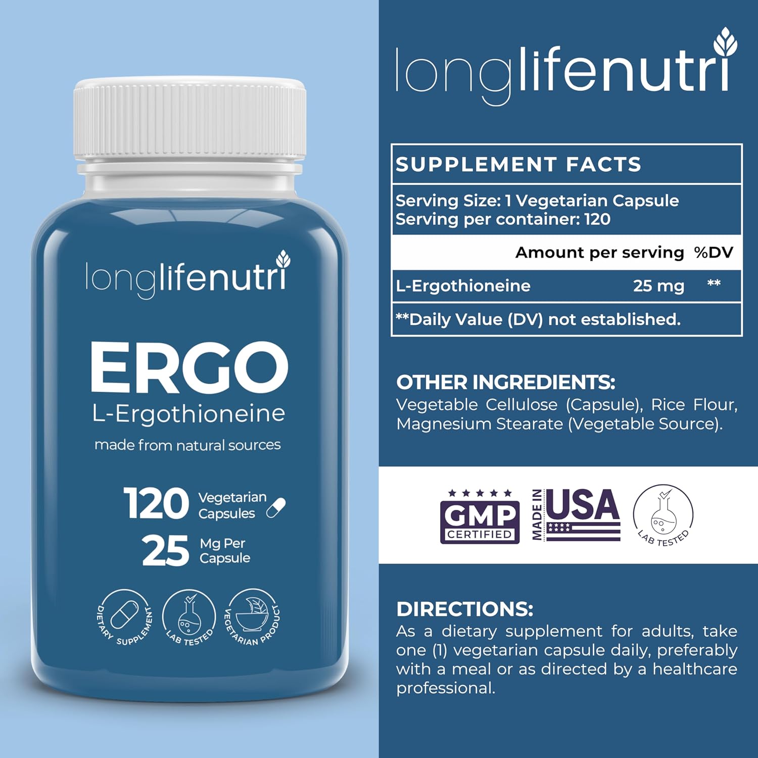 L-Ergothioneine 25 mg - 120 Vegetarian Capsules - Antioxidant Supplement for Wellbeing - görsel 2