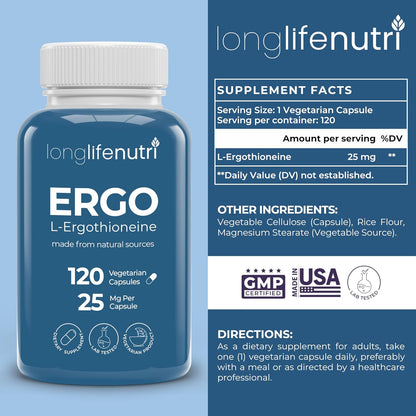L-Ergothioneine 25 mg - 120 Vegetarian Capsules - Antioxidant Supplement for Wellbeing