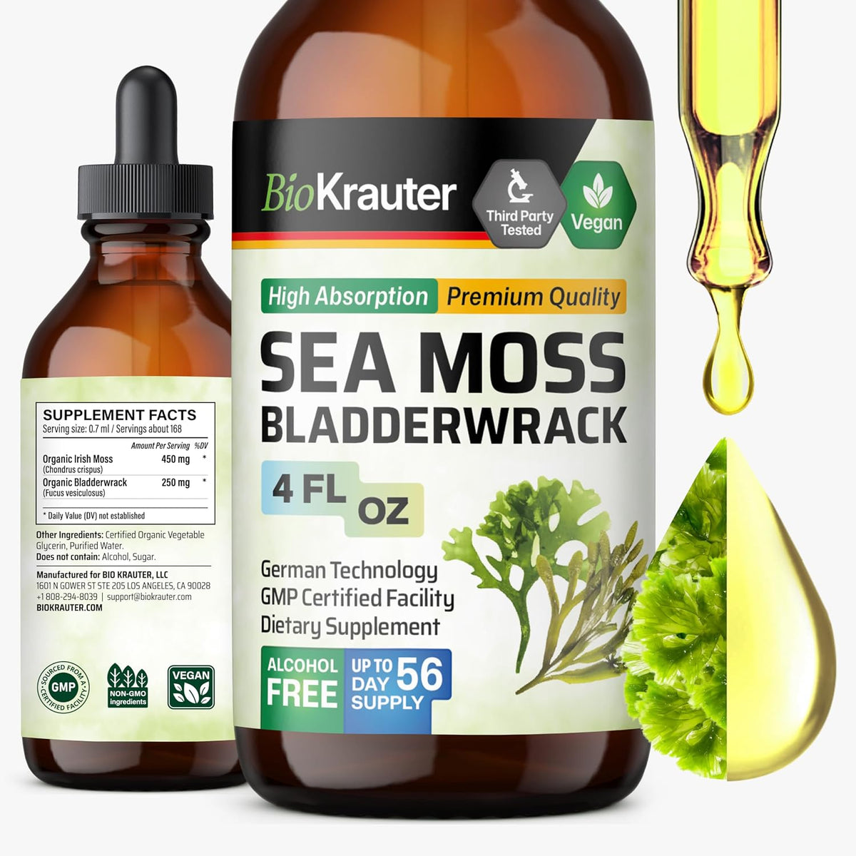 BIO KRAUTER 2-in-1 Sea Moss & Bladderwrack Drops – Vegan Liquid Supplement for Daily Wellness, 120ml - görsel 1