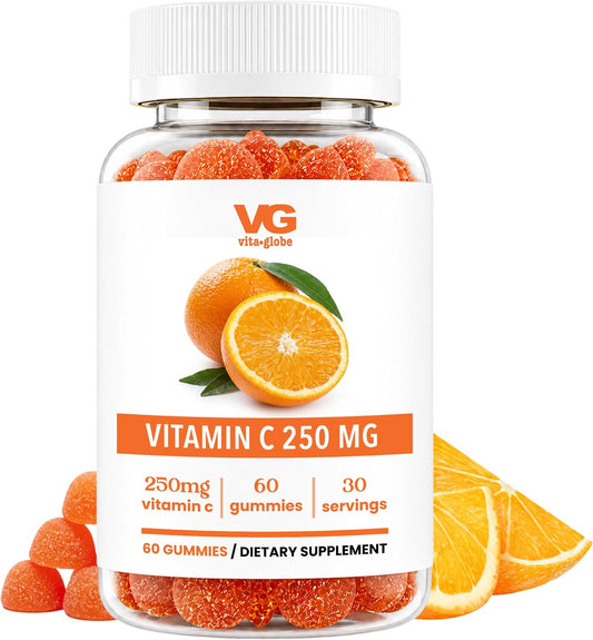 VITA GLOBE Vitamin C 250 mg Gummies with Collagen, Vegan, Non-GMO, Immune Support Supplement, Chewable Vitamins, Orange Flavour, Antioxidant Supplement for Adults, 60 Count
