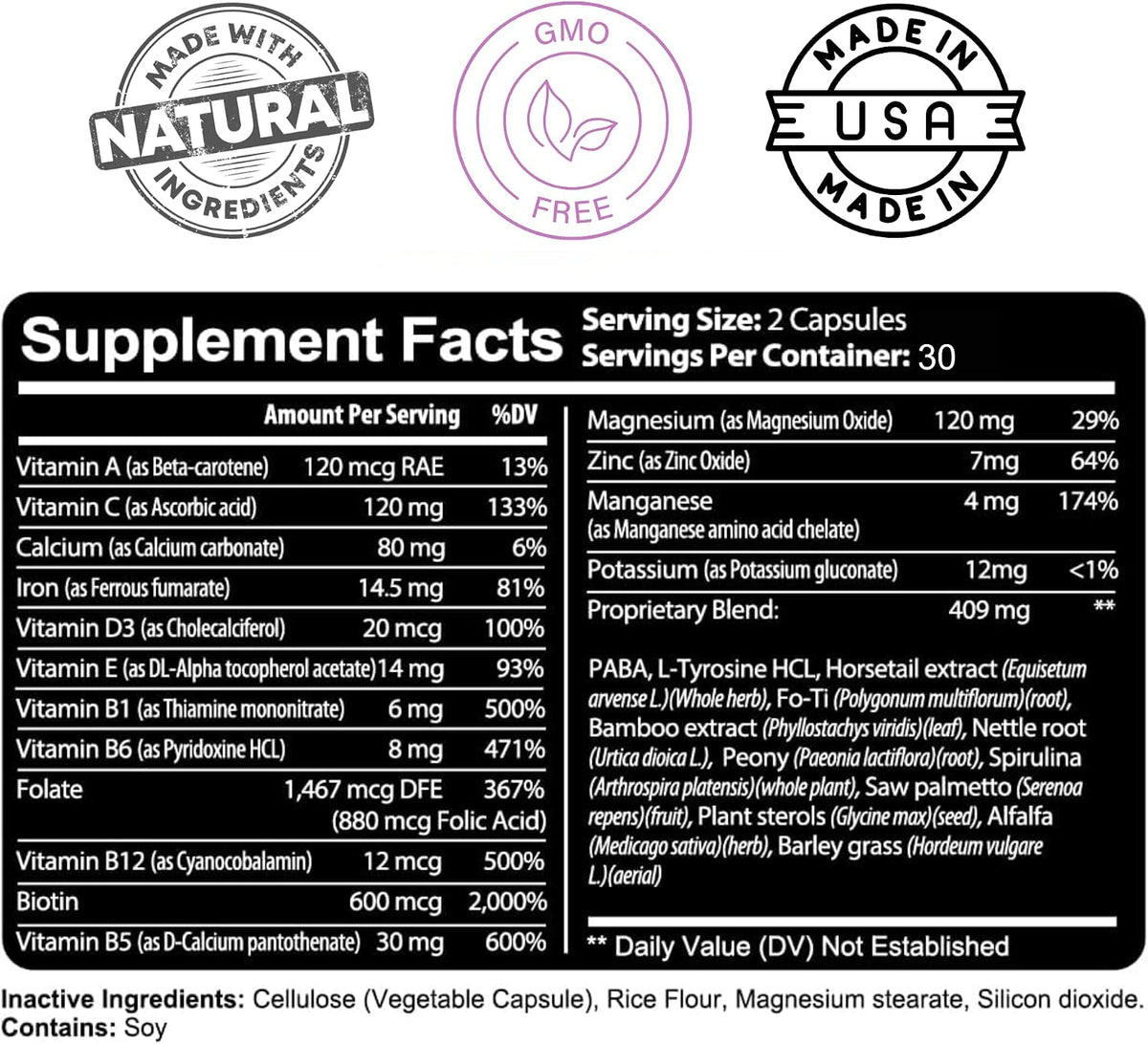 Kaya Naturals Hair, Skin & Nail Capsules – Biotin, Vitamin D, B12, A, Folic Acid Food Supplement – Image 3