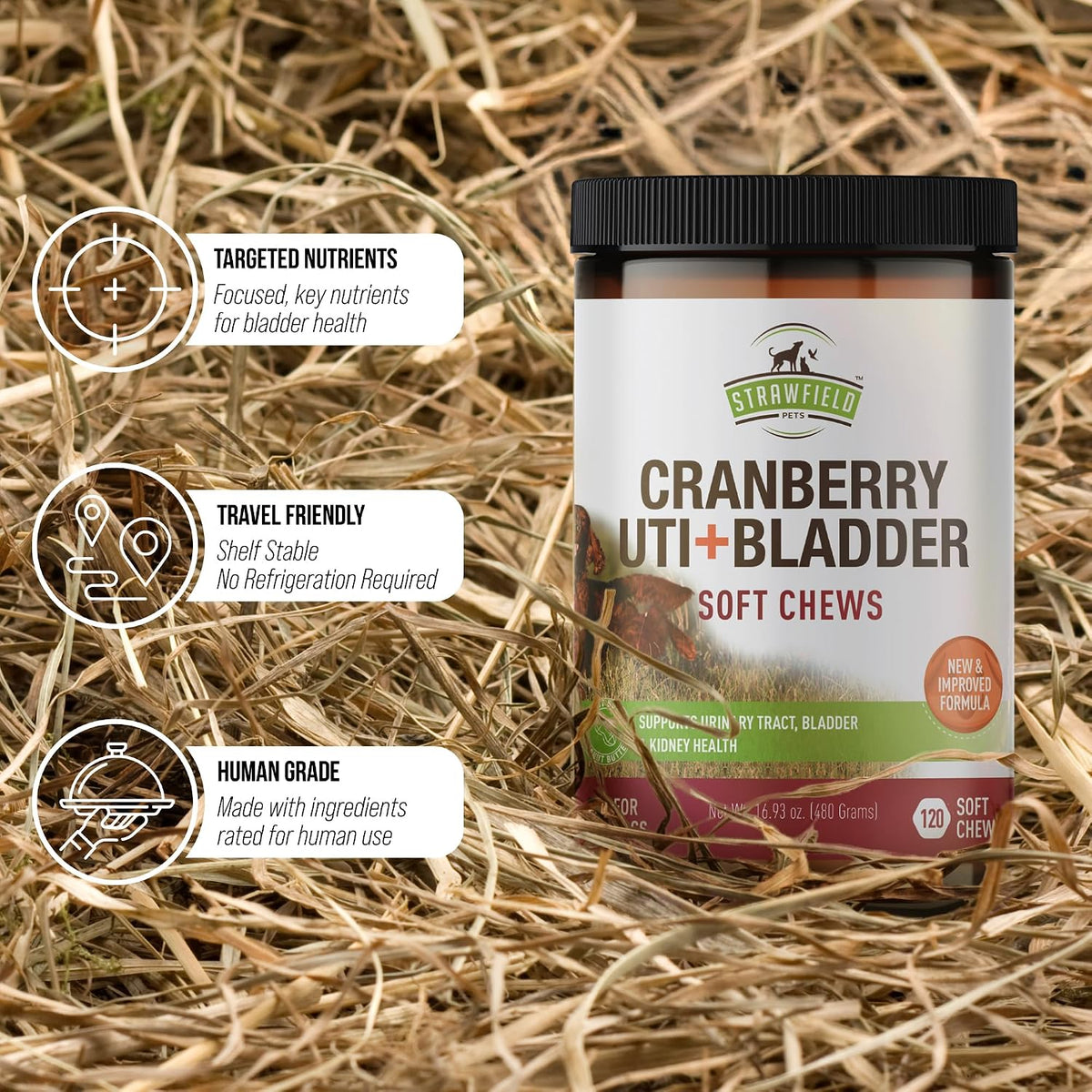Strawfield Pets Cranberry Bladder and UTI Chews for Dogs - D-Mannose + Vitamin C for Urinary Tract Support, Bacon Flavoured Soft Chews (120 count) - görsel 7