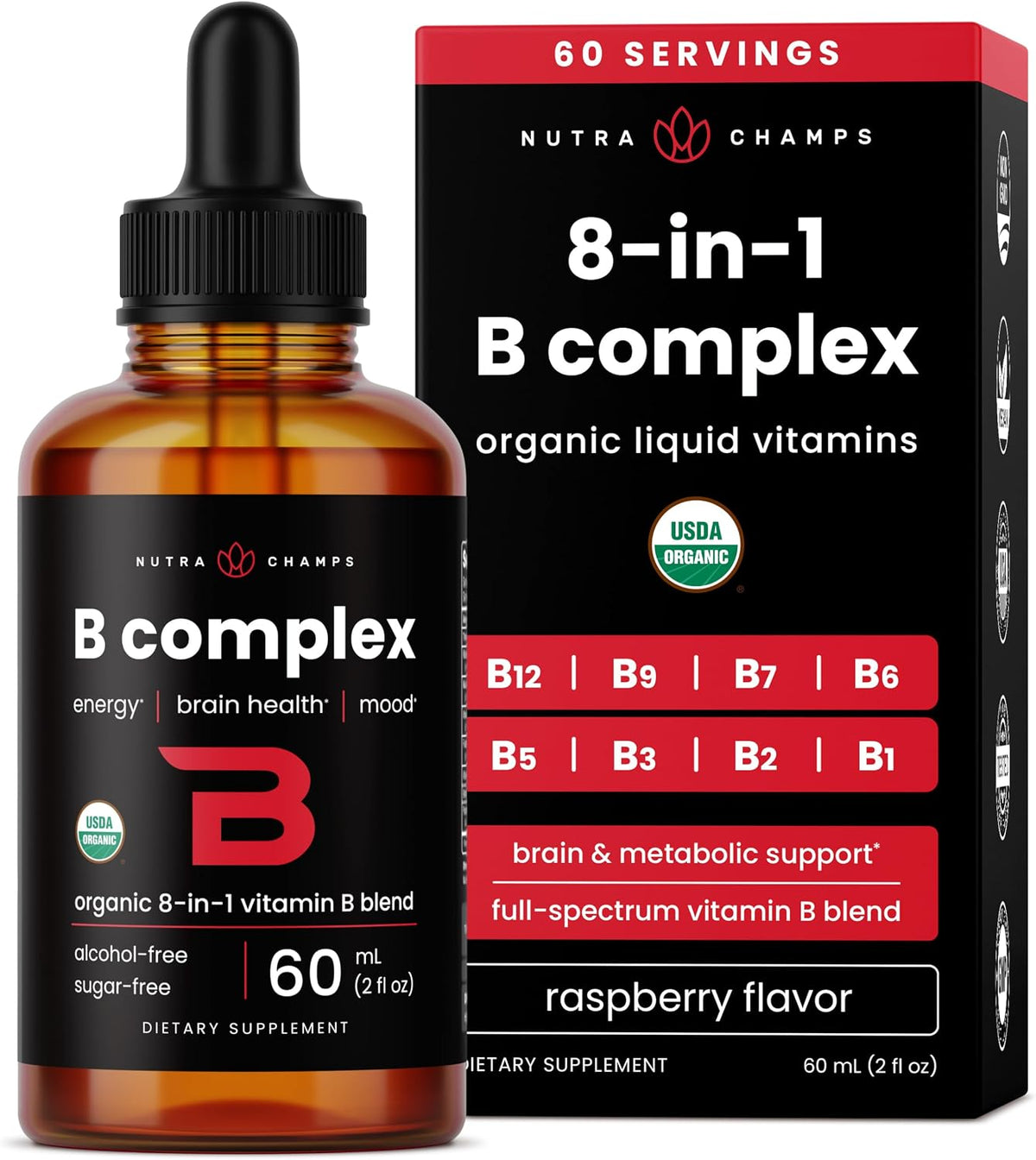 USDA Organic Vitamin B Complex Liquid Drops – Methylated B12, Biotin, Folate | 2 oz - görsel 1