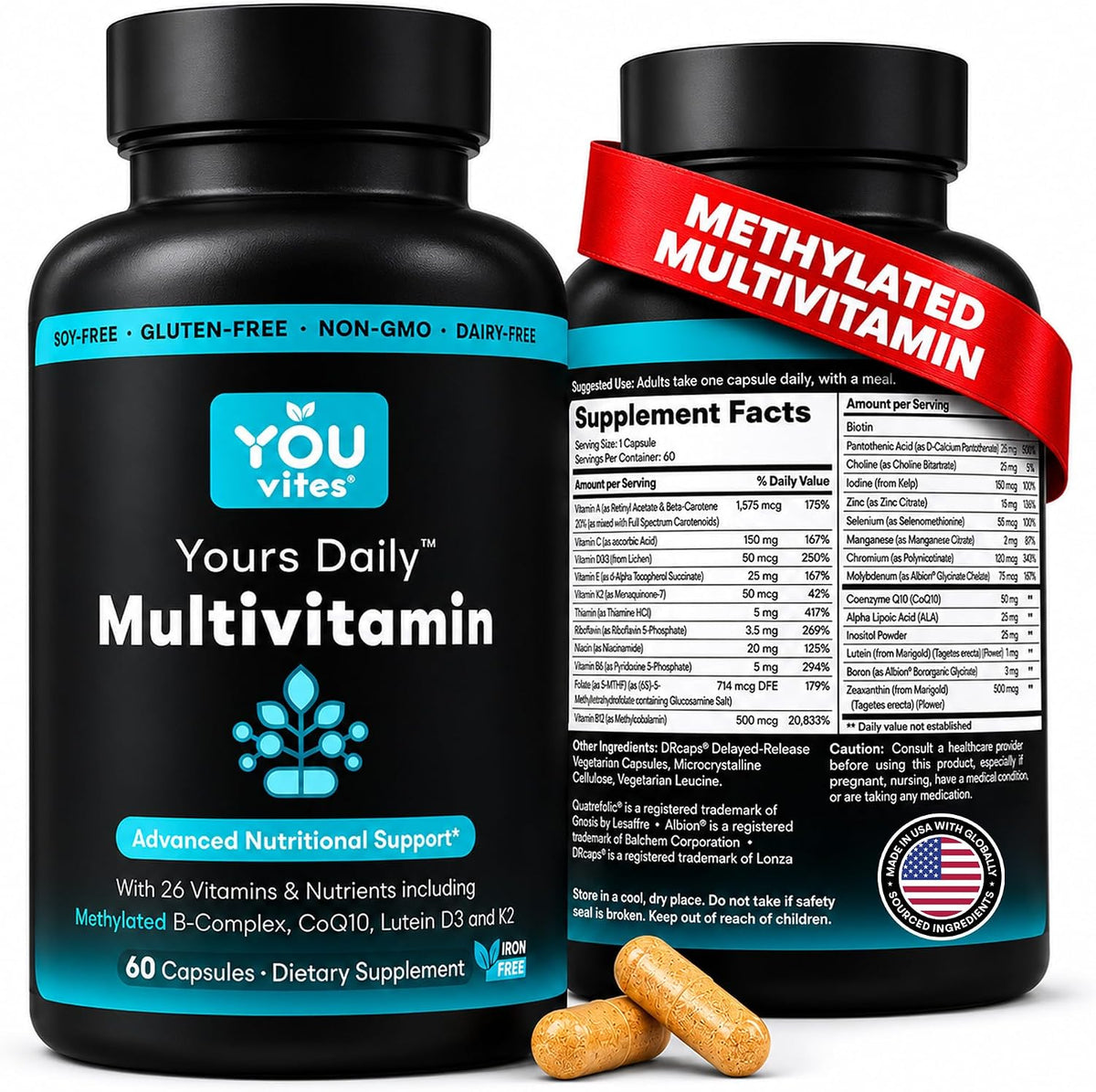 You Vites Methylated Multivitamin for Men and Women - Methyl Multi Iron-Free - 60 Capsules - görsel 1