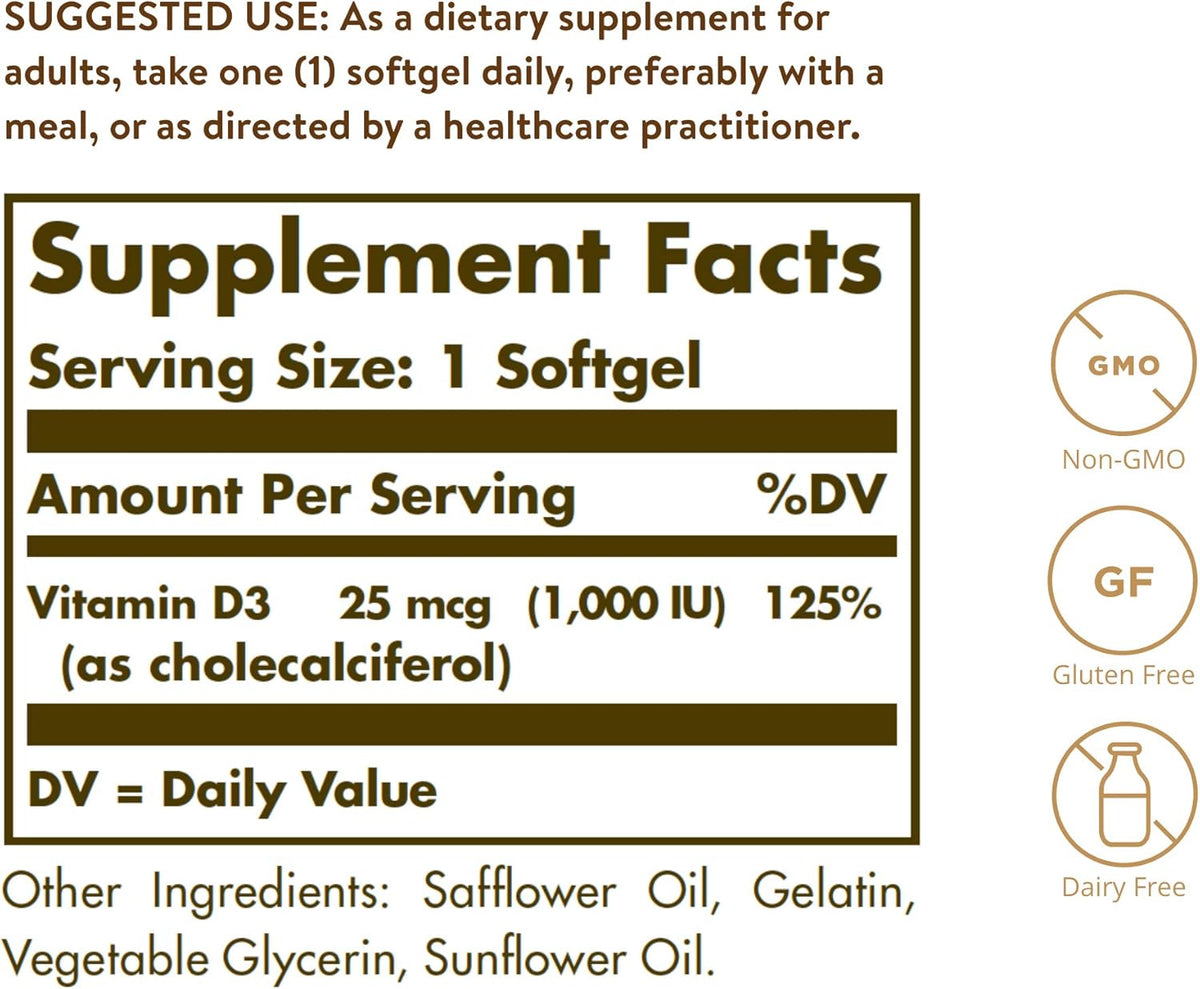 Solgar Vitamin D3 1000 IU Softgels, 250 Softgels - görsel 2