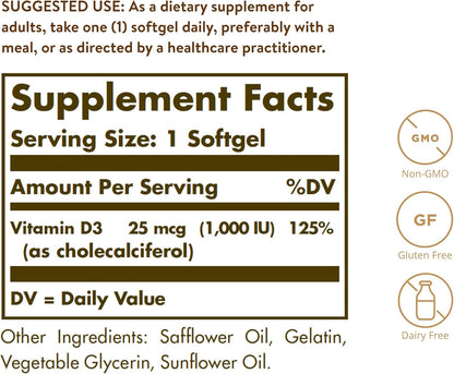 Solgar Vitamin D3 1000 IU Softgels, 250 Softgels