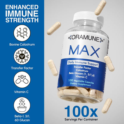 Oramune Max Support Supplement | Transfer Factor, Bovine Colostrum, Beta-Glucan and Vitamin C - 100 Capsules