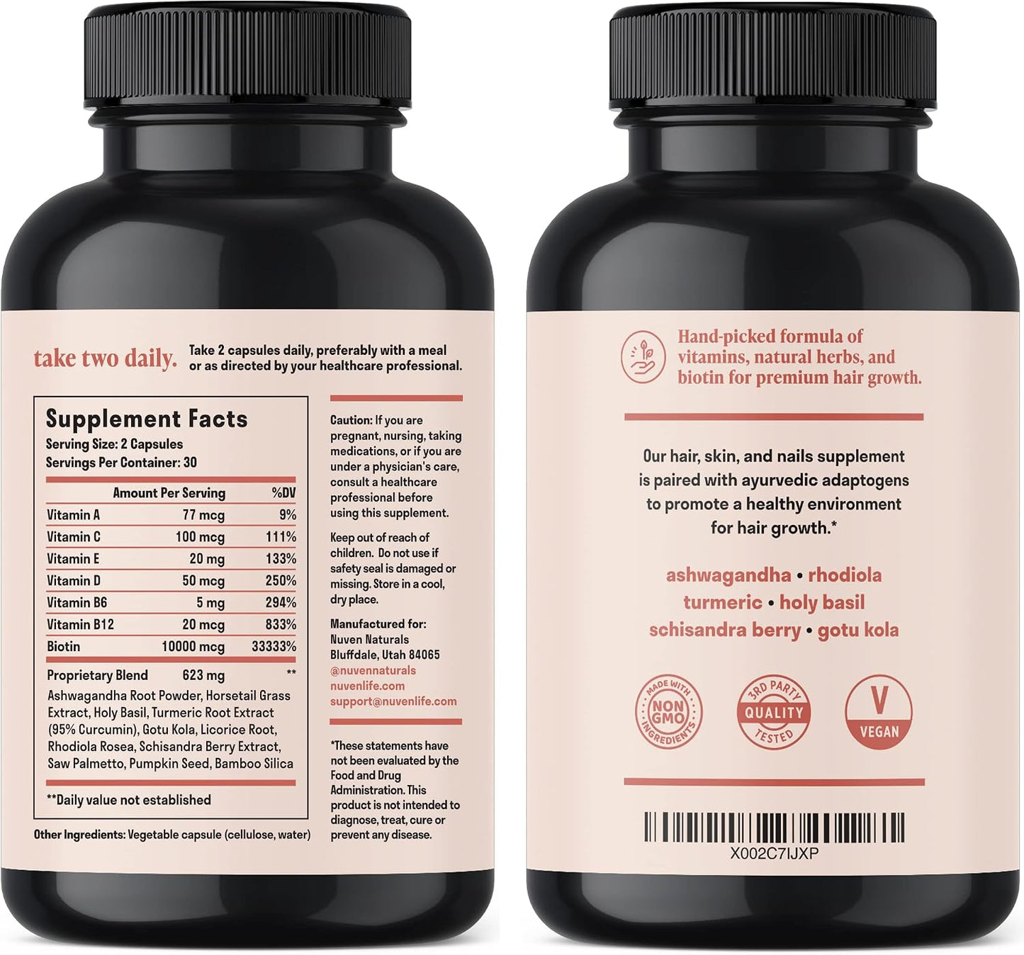 Nuven Naturals Hair Supplements - Biotin 10,000 µg with Vitamin A, E, C, D & Adaptogens - 60 Capsules - görsel 7